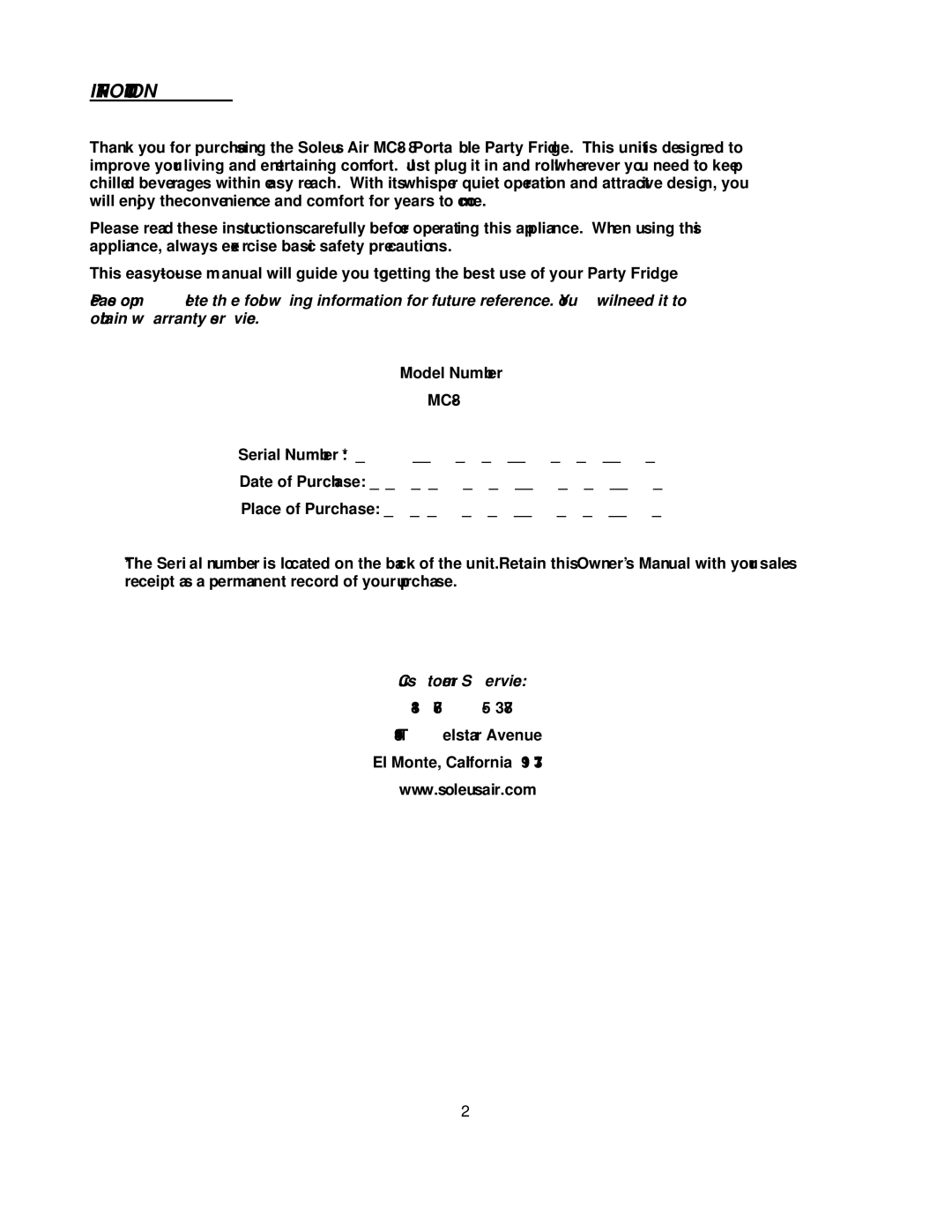 Soleus Air MC-88 owner manual Introduction 