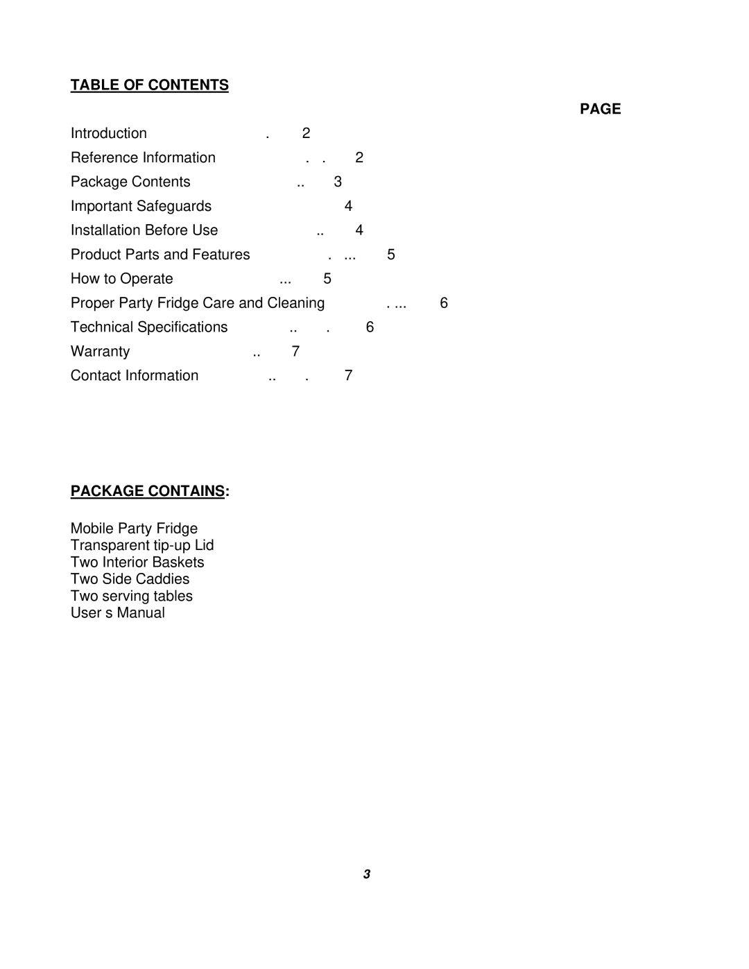 Soleus Air MC-88 owner manual Table of Contents, Package Contains 