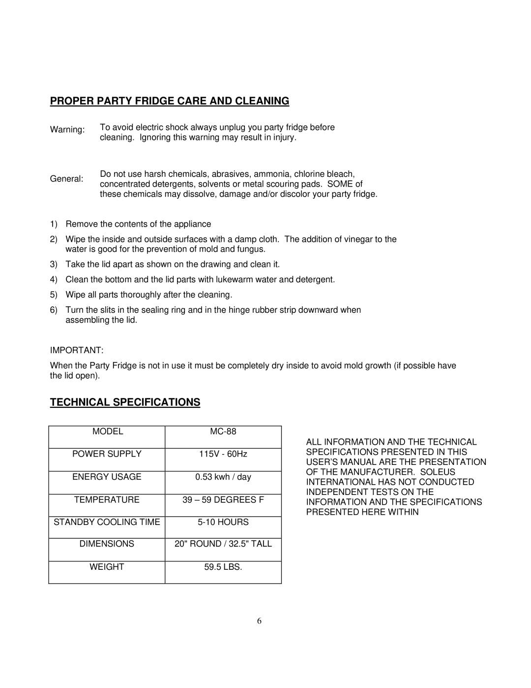 Soleus Air MC-88 owner manual Proper Party Fridge Care and Cleaning, Technical Specifications 