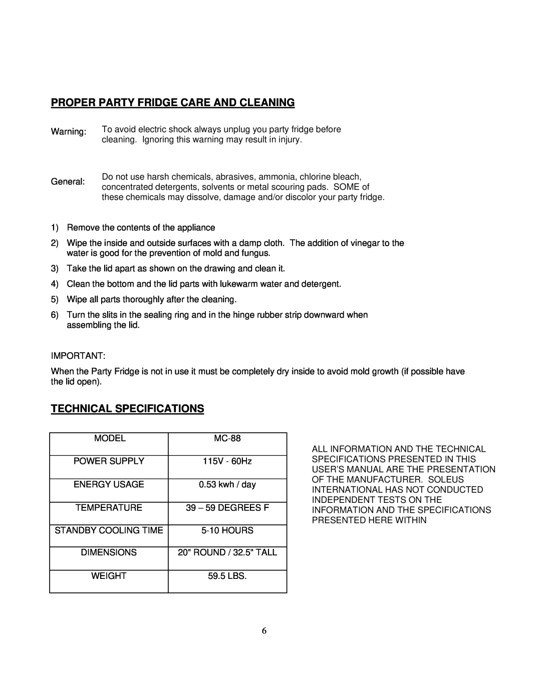 Soleus Air MC-88 owner manual Proper Party Fridge Care And Cleaning, Technical Specifications 