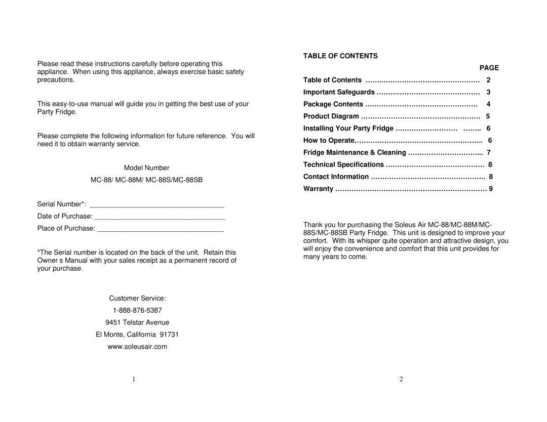 Soleus Air MC-88M, MC-88SB owner manual Table of Contents 