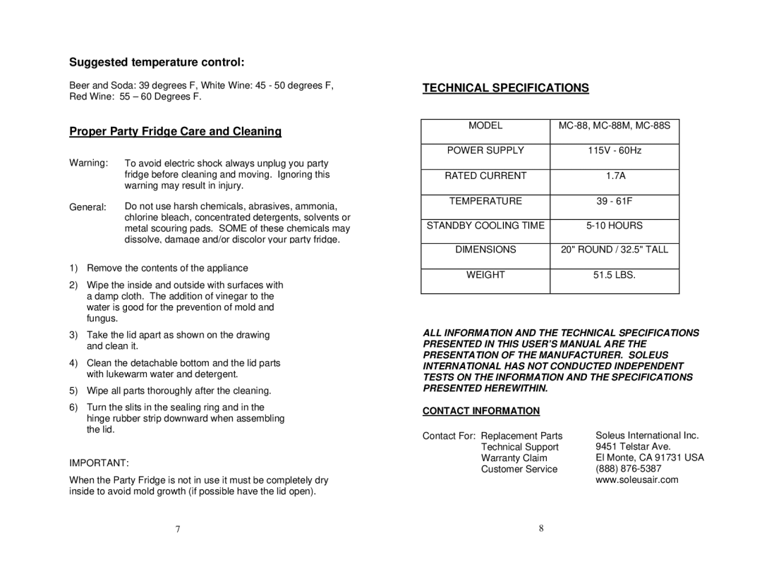 Soleus Air MC-88M, MC-88SB owner manual Technical Specifications, Contact Information 