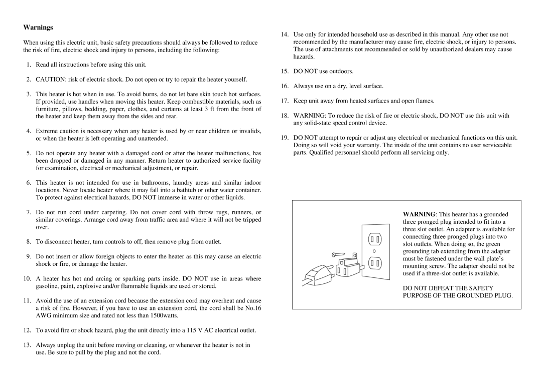 Soleus Air MS-09 specifications Do not Defeat the Safety Purpose of the Grounded Plug 