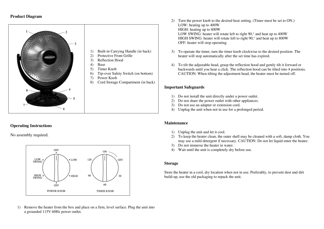 Soleus Air MS-09 specifications Product Diagram, Important Safeguards, Operating Instructions, Maintenance, Storage 