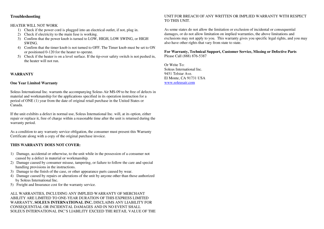 Soleus Air MS-09 specifications Troubleshooting, Heater will not Work 