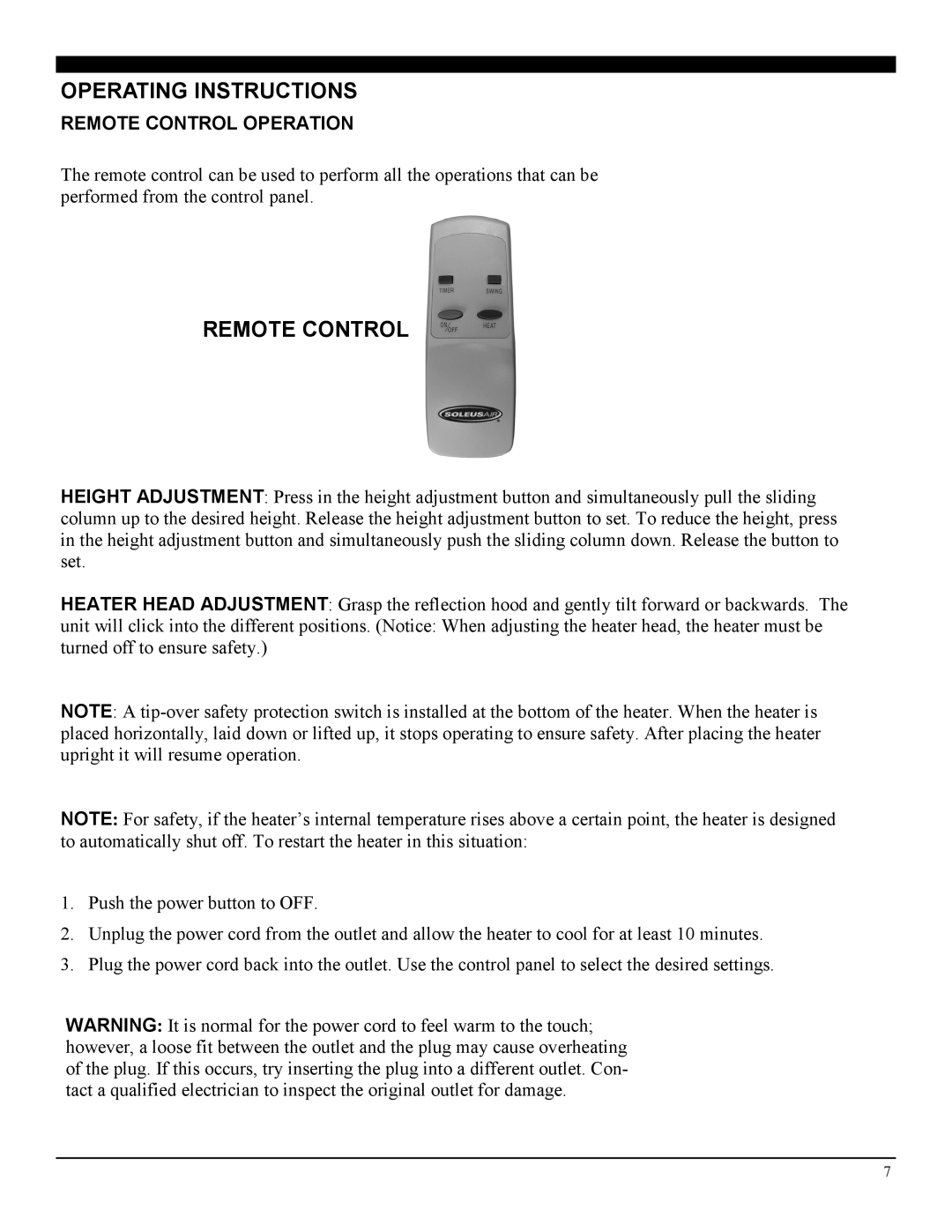 Soleus Air MS-10R operating instructions Remote Control Operation 