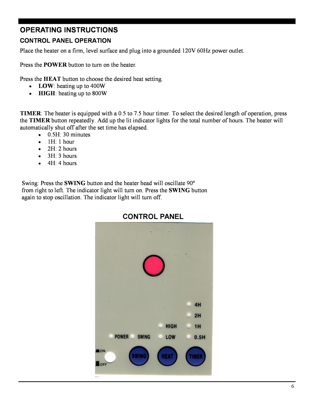 Soleus Air MS-10R operating instructions Operating Instructions, Control Panel 
