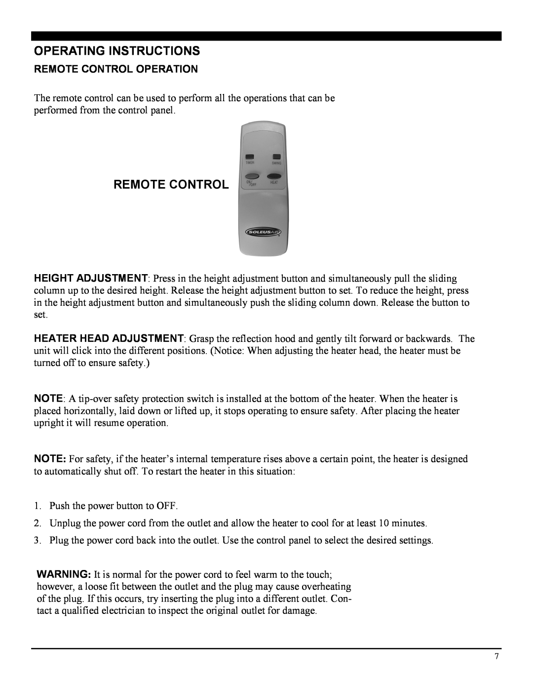 Soleus Air MS-10R operating instructions Remote Control, Operating Instructions 