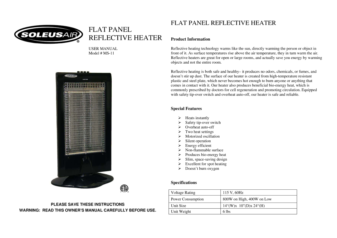 Soleus Air MS-11 specifications Product Information, Special Features, Specifications 