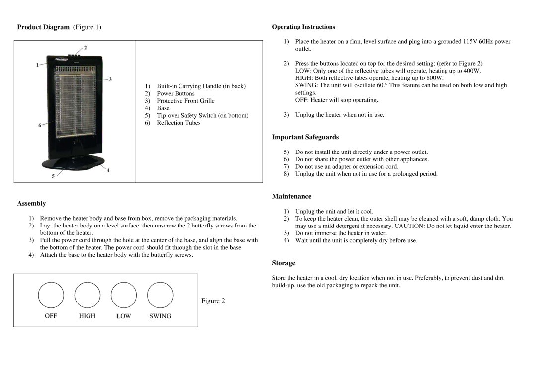 Soleus Air MS-11 specifications Product Diagram Figure, Assembly, Important Safeguards, Maintenance, Storage 