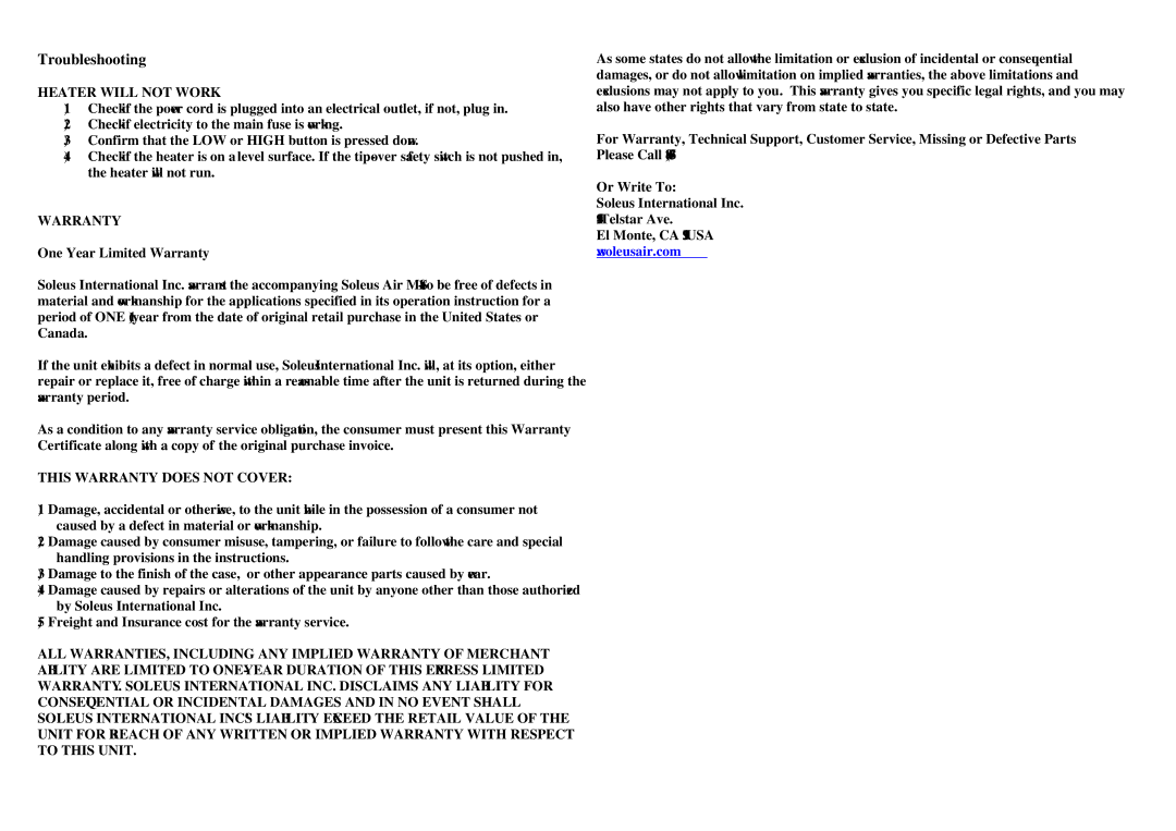 Soleus Air MS-11 specifications Troubleshooting, One Year Limited Warranty 