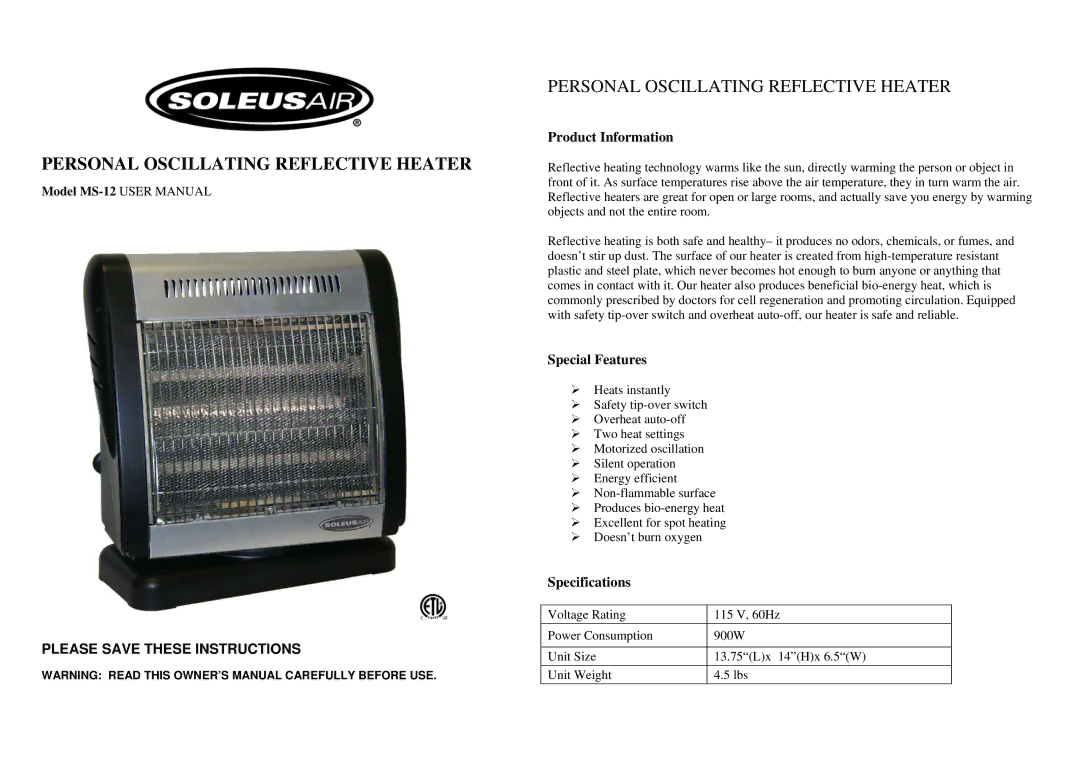 Soleus Air MS-12 specifications Product Information, Special Features, Specifications 