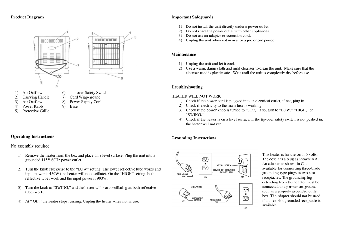 Soleus Air MS-12 specifications Product Diagram, Important Safeguards, Maintenance, Troubleshooting, Operating Instructions 