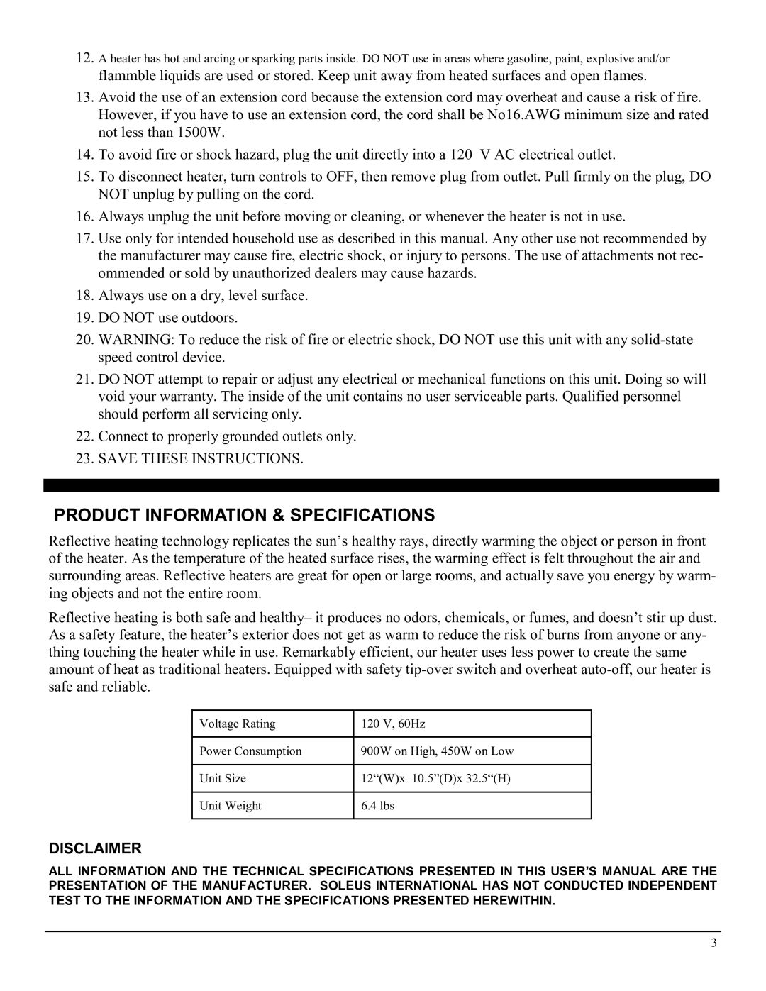 Soleus Air MS-14R manual Product Information & Specifications, Disclaimer 