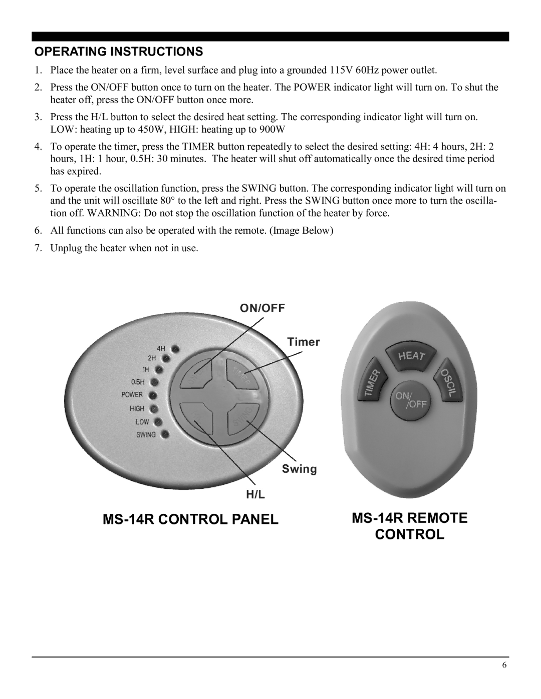 Soleus Air manual MS-14R Control Panel MS-14R Remote, Operating Instructions 