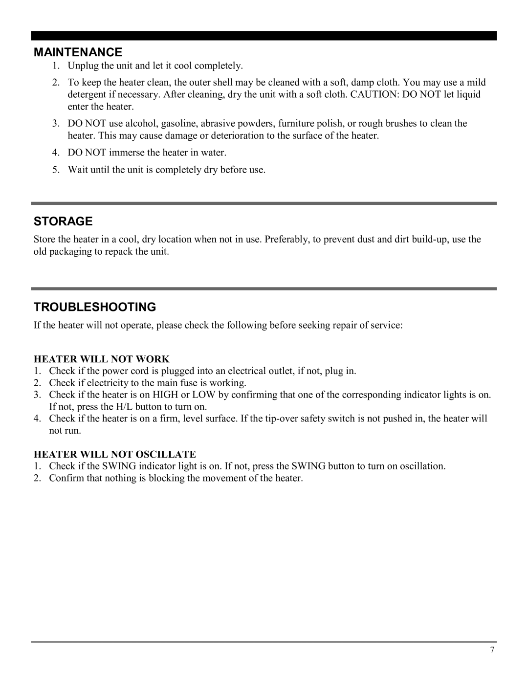 Soleus Air MS-14R manual Maintenance, Storage, Troubleshooting, Heater will not Work, Heater will not Oscillate 