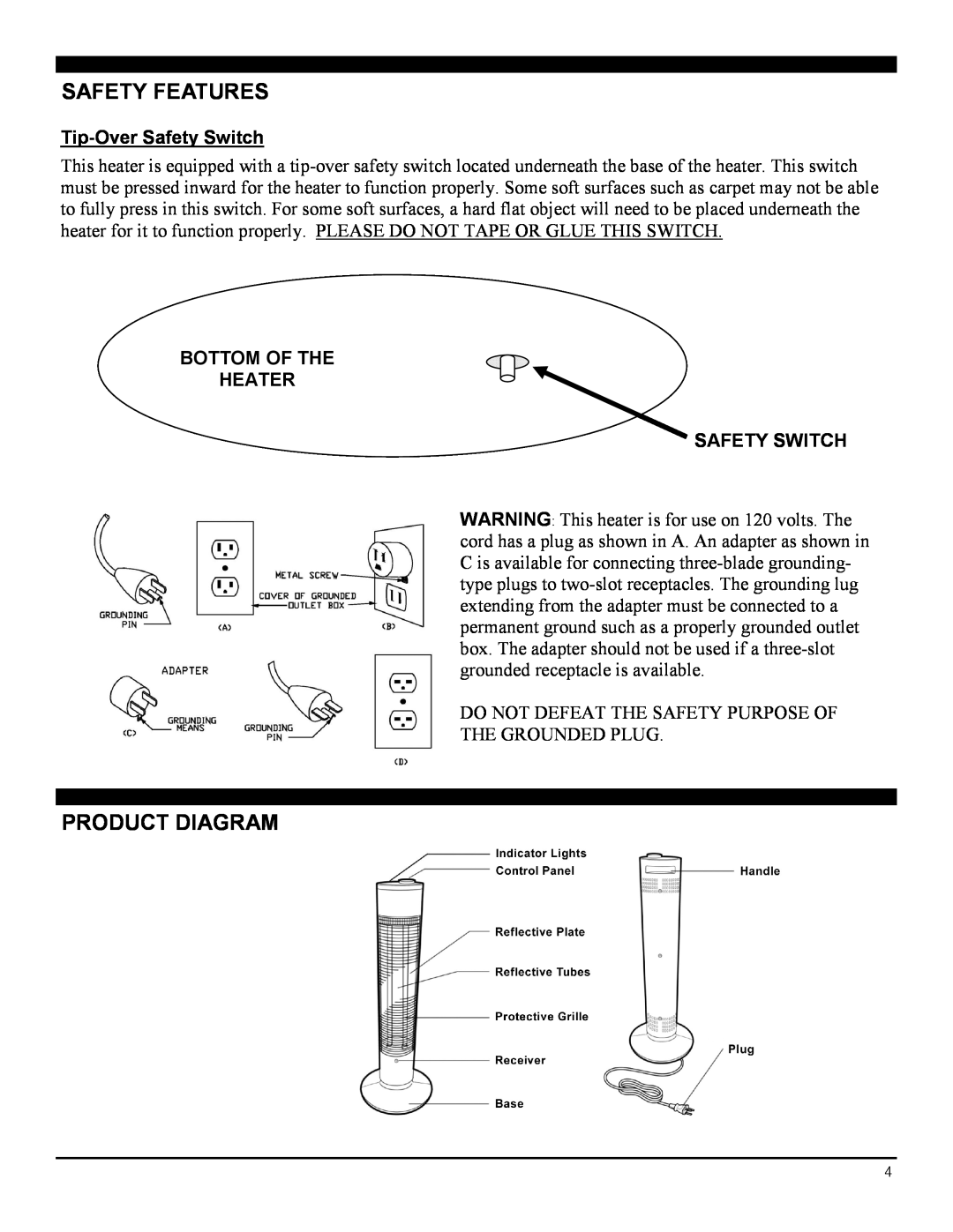 Soleus Air MS-14R manual Safety Features, Product Diagram, Tip-OverSafety Switch, Bottom Of The Heater Safety Switch 