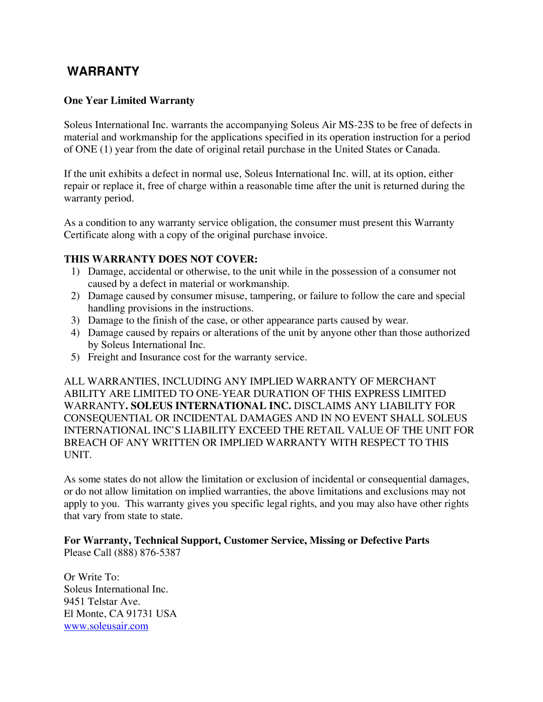 Soleus Air MS-23S owner manual One Year Limited Warranty 