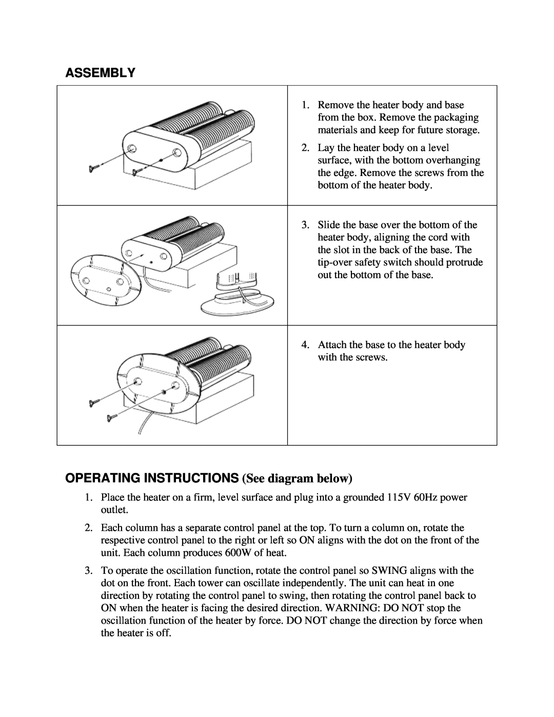 Soleus Air MS-23S owner manual Assembly, OPERATING INSTRUCTIONS See diagram below 