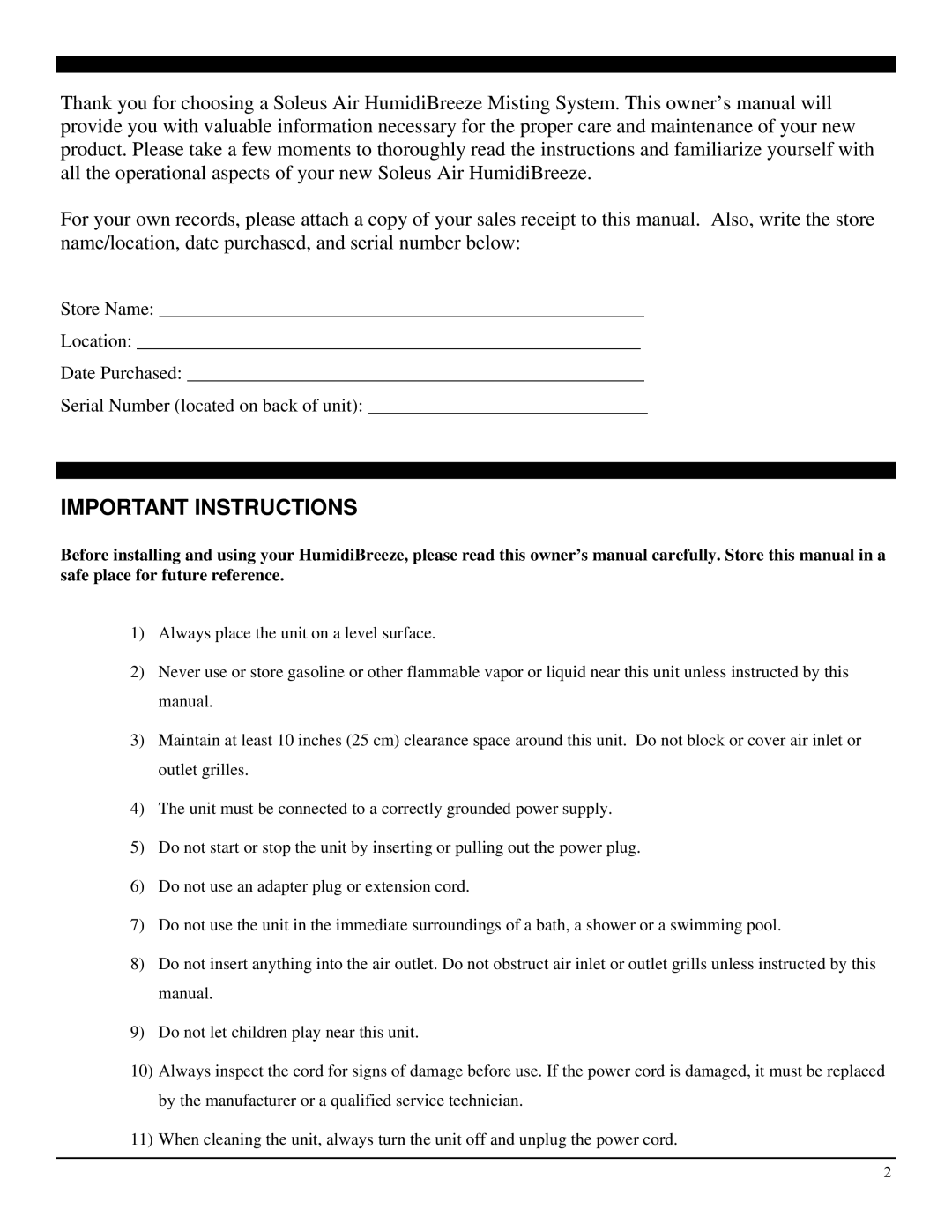 Soleus Air MT1-19-33 operating instructions Important Instructions 