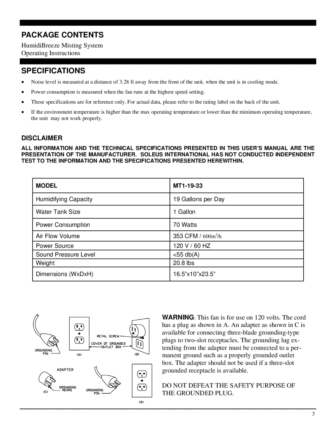 Soleus Air MT1-19-33 operating instructions Package Contents, Specifications, Disclaimer 