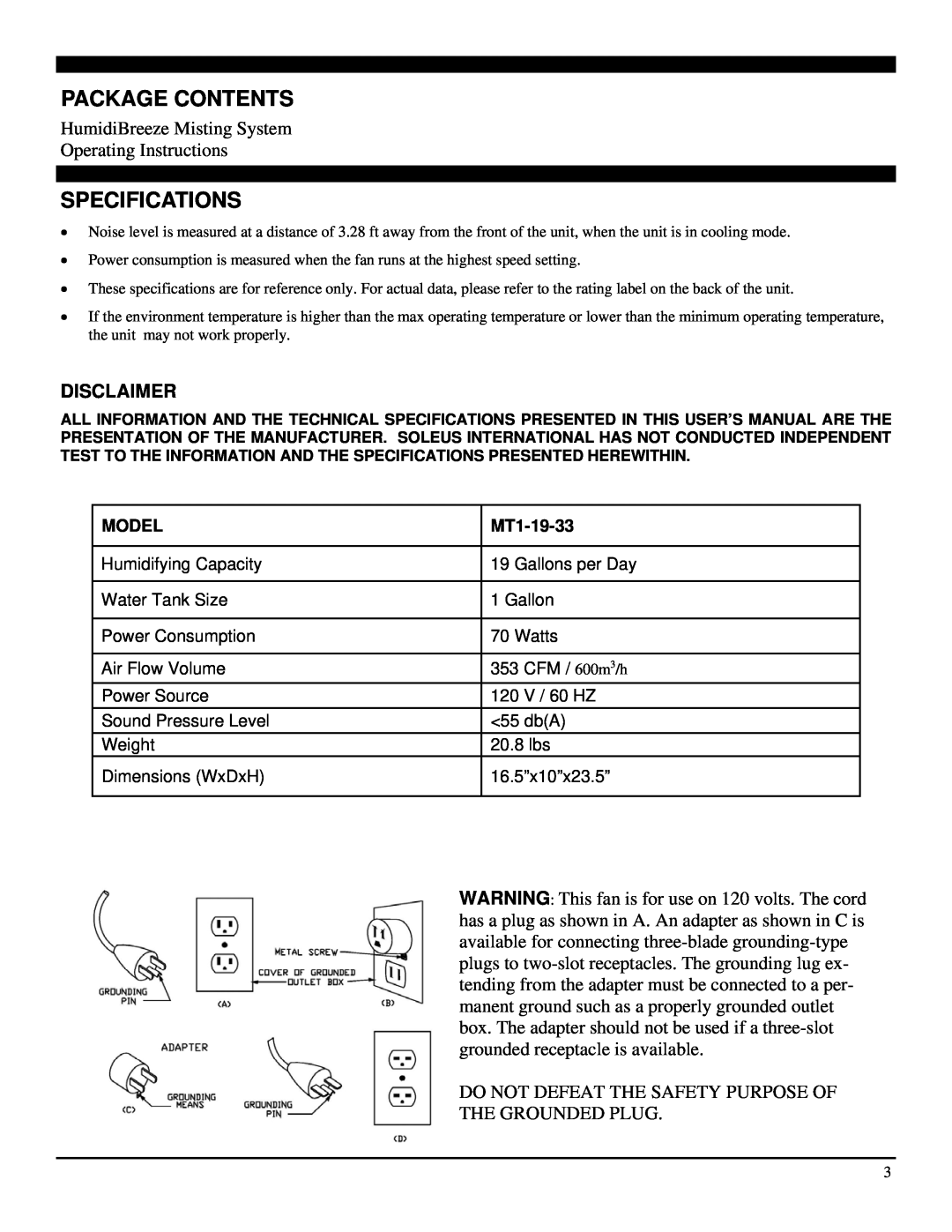 Soleus Air MT1-19-33 operating instructions Package Contents, Specifications, Disclaimer 