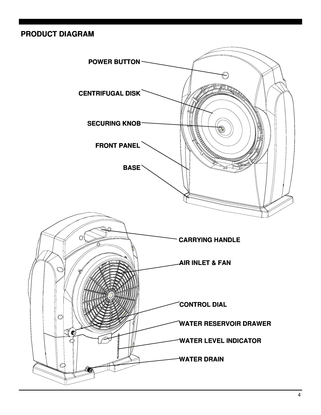 Soleus Air MT1-19-33 Product Diagram, Power Button Centrifugal Disk Securing Knob, Control Dial Water Reservoir Drawer 