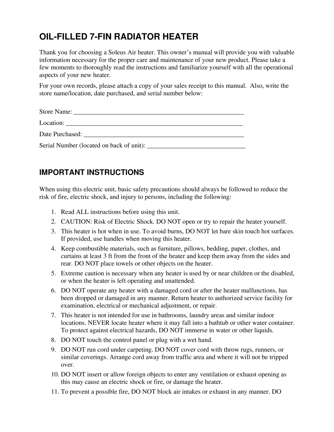 Soleus Air NDY-15 owner manual OIL-FILLED 7-FIN Radiator Heater, Important Instructions 