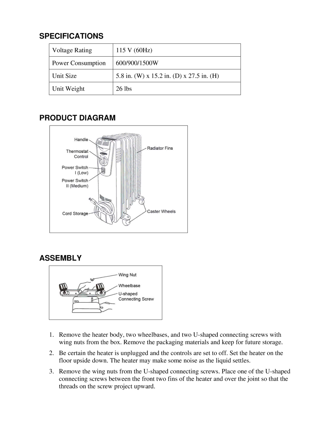 Soleus Air NDY-15 owner manual Specifications, Product Diagram Assembly 