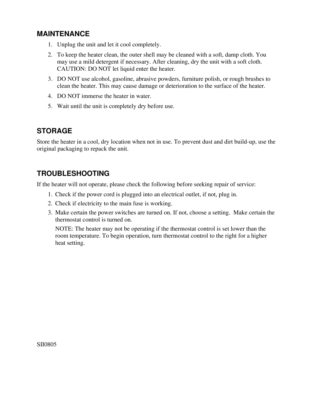 Soleus Air NDY-15 owner manual Maintenance, Storage, Troubleshooting 