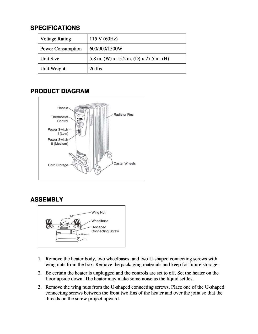 Soleus Air NDY-15 owner manual Specifications, Product Diagram Assembly 