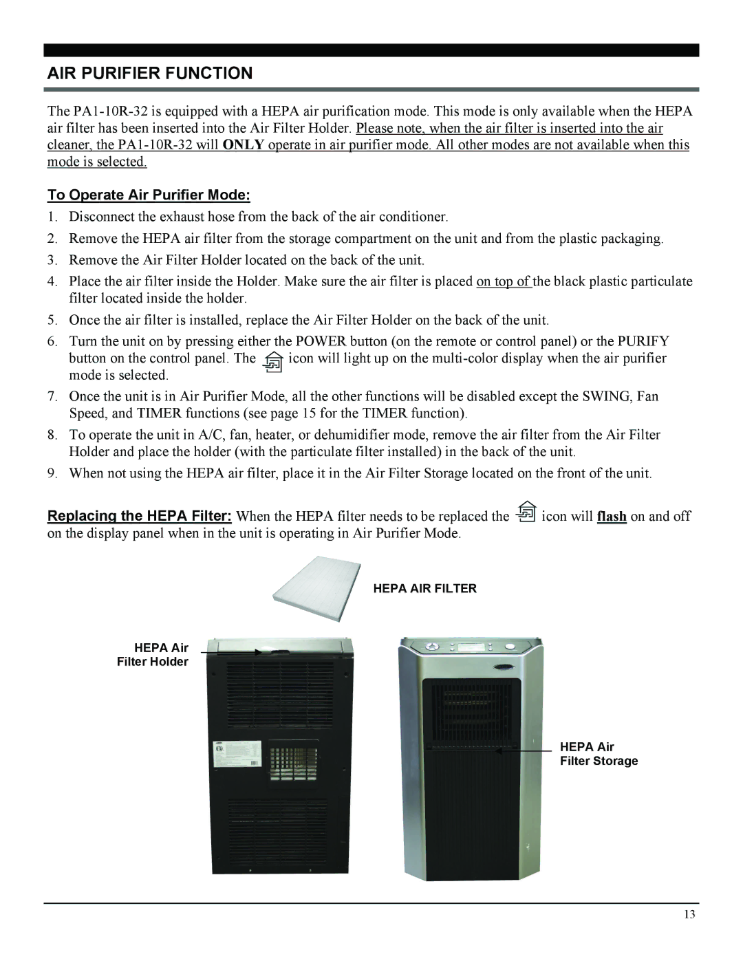 Soleus Air 3046364, PA1-10R-32 manual AIR Purifier Function, To Operate Air Purifier Mode 