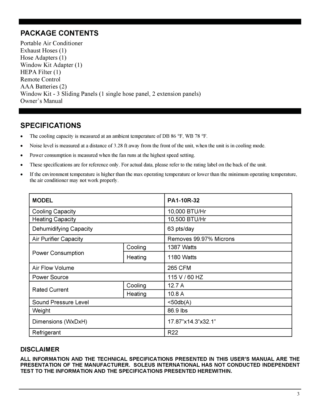 Soleus Air 3046364, PA1-10R-32 manual Package Contents, Specifications 