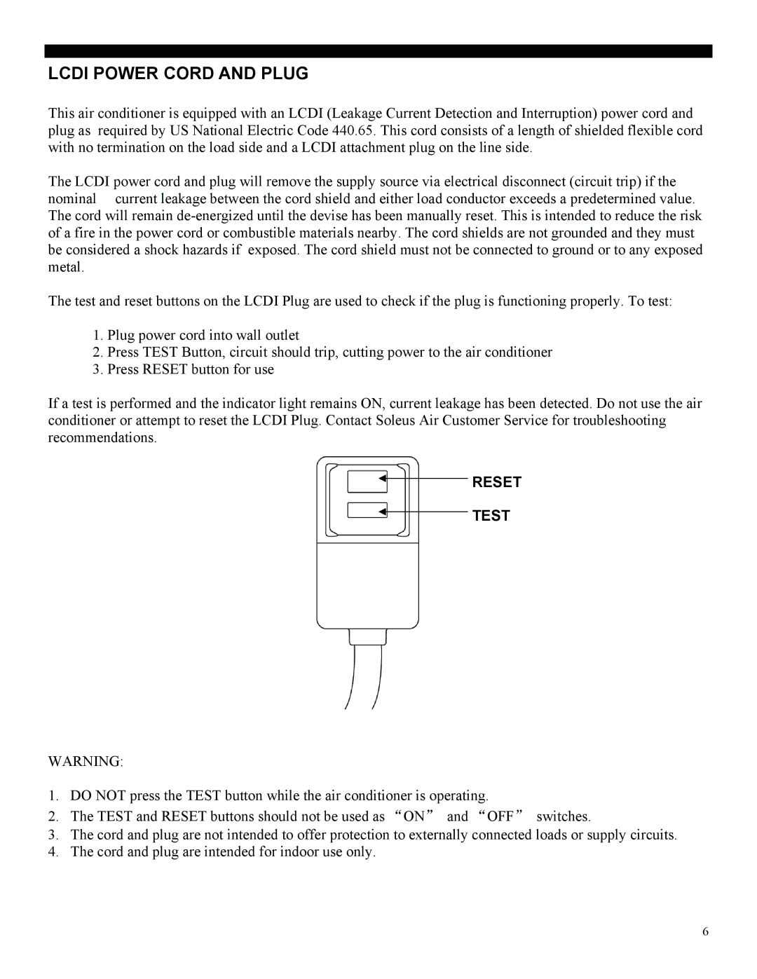 Soleus Air PA1-10R-32, 3046364 manual Lcdi Power Cord and Plug, Reset Test 