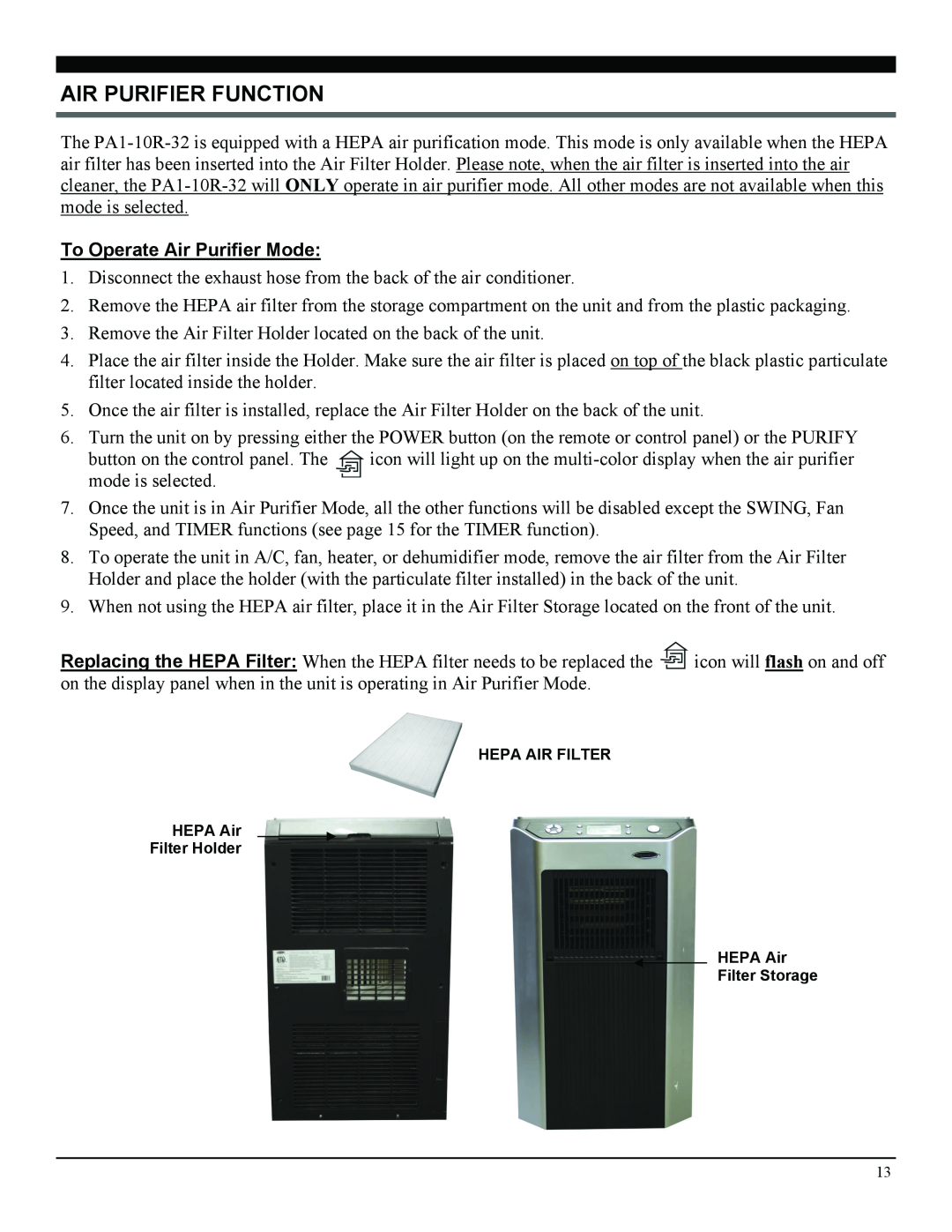 Soleus Air 3046364, PA1-10R-32 manual Air Purifier Function, To Operate Air Purifier Mode 
