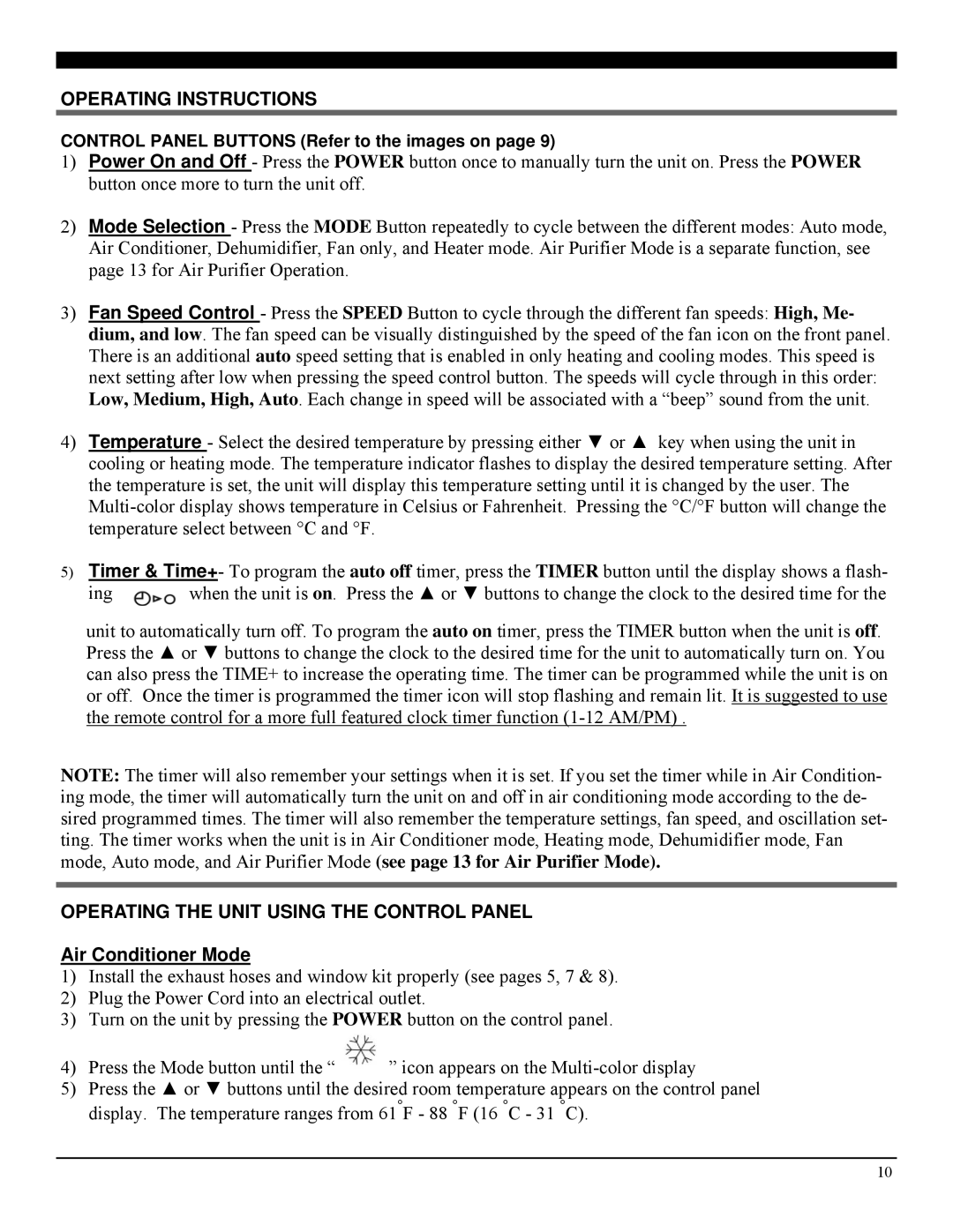 Soleus Air PA1-12R-32, PA1-14R-32 Operating Instructions, Operating the Unit Using the Control Panel, Air Conditioner Mode 