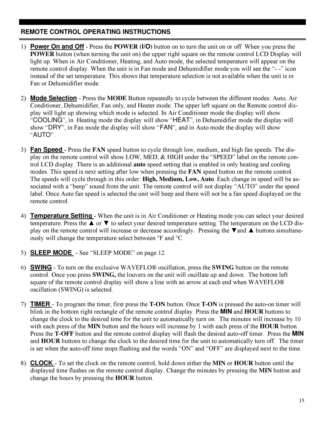 Soleus Air PA1-14R-32, PA1-12R-32 manual Remote Control Operating Instructions 