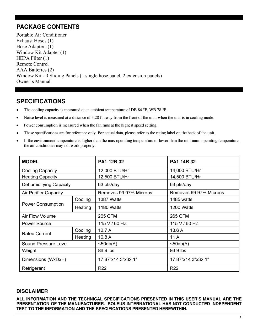 Soleus Air PA1-14R-32, PA1-12R-32 manual Package Contents, Specifications 