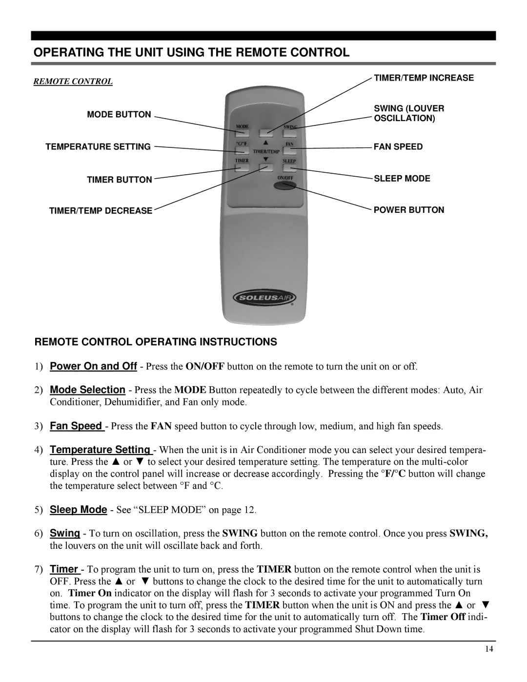 Soleus Air PE2-07R-62 manual Operating the Unit Using the Remote Control, Remote Control Operating Instructions 