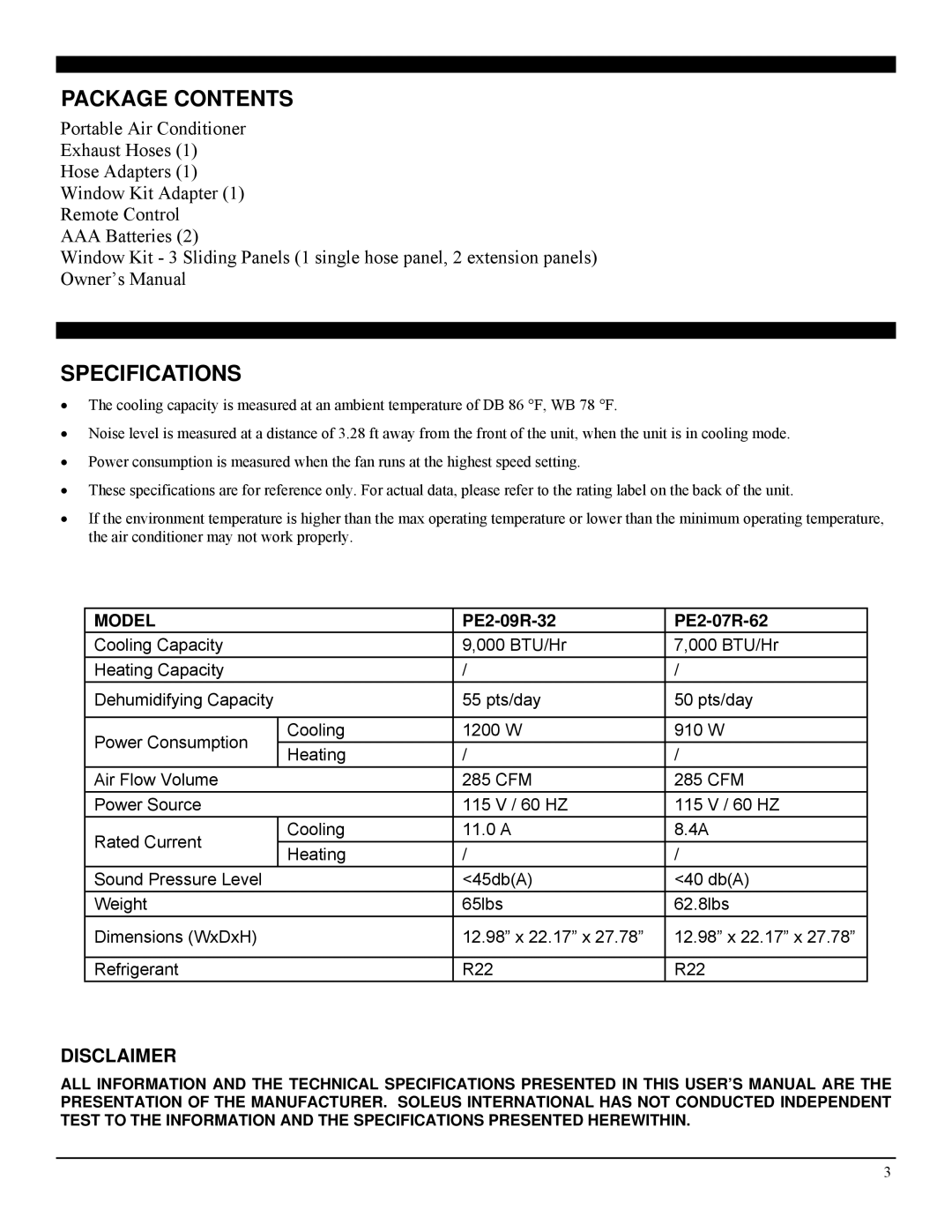 Soleus Air PE2-07R-62 manual Package Contents, Specifications 