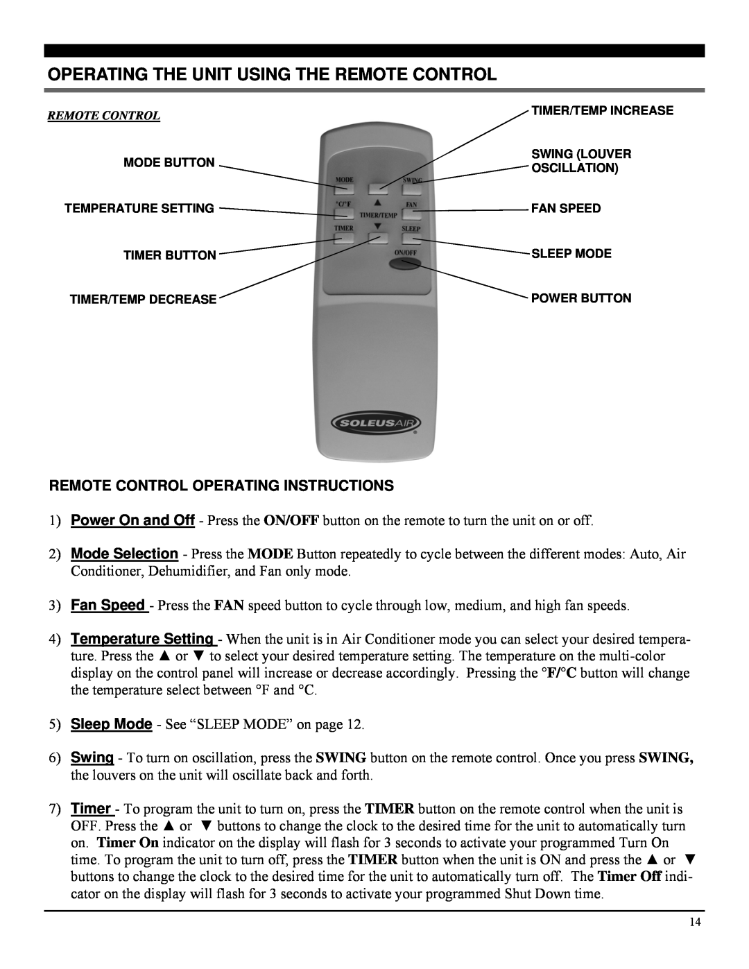 Soleus Air PE2-07R-62 manual Operating The Unit Using The Remote Control, Remote Control Operating Instructions 
