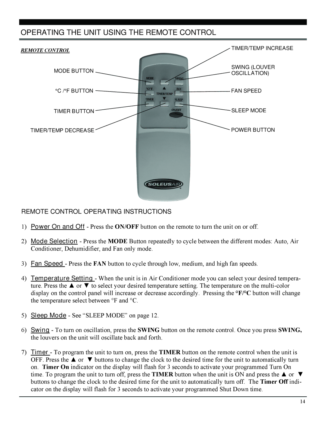 Soleus Air PE2-10R-32, PE2-08R-62 manual Operating the Unit Using the Remote Control, Remote Control Operating Instructions 