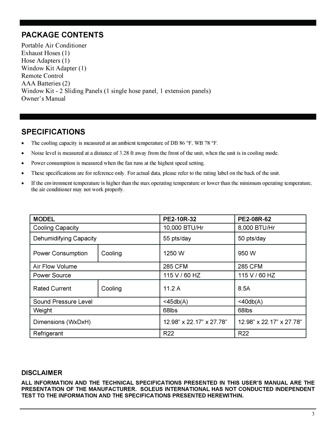 Soleus Air PE2-08R-62, PE2-10R-32 manual Package Contents, Specifications 