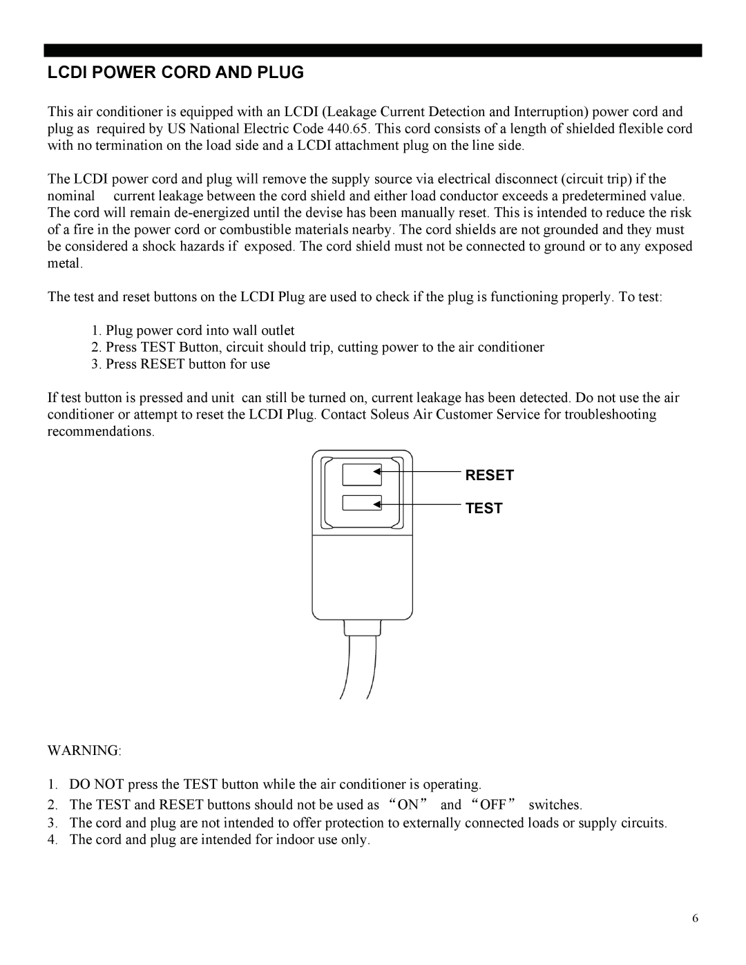 Soleus Air PE2-10R-32, PE2-08R-62 manual Lcdi Power Cord and Plug, Reset Test 