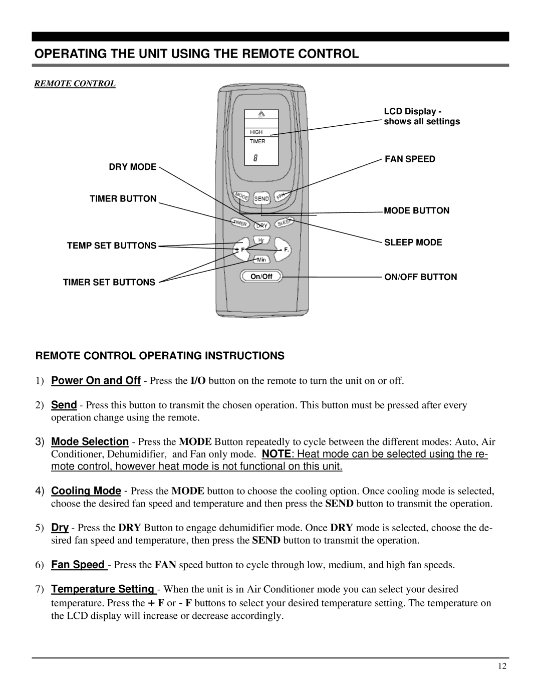 Soleus Air PE4-11R-03 manual Operating the Unit Using the Remote Control, Remote Control Operating Instructions 