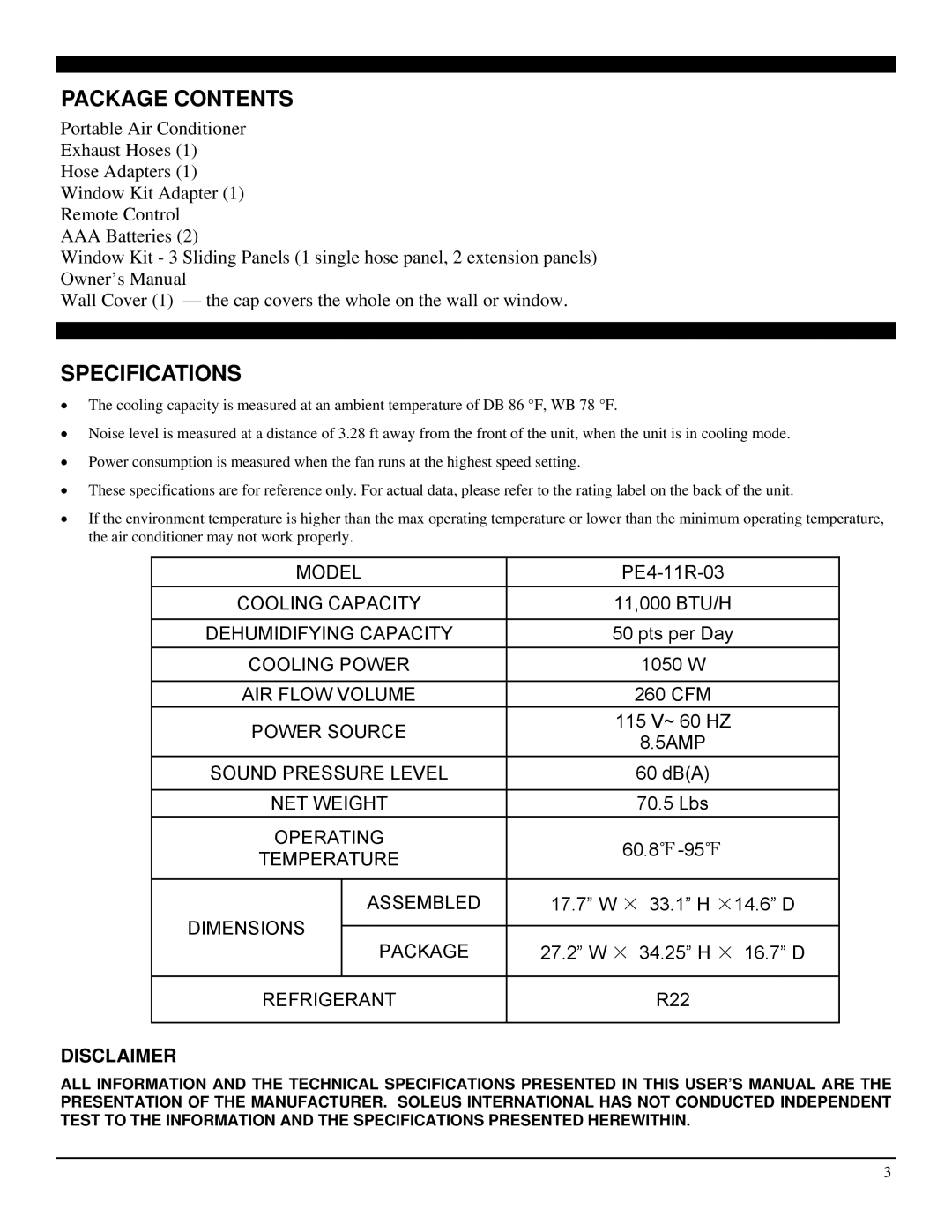 Soleus Air PE4-11R-03 manual Package Contents, Specifications 