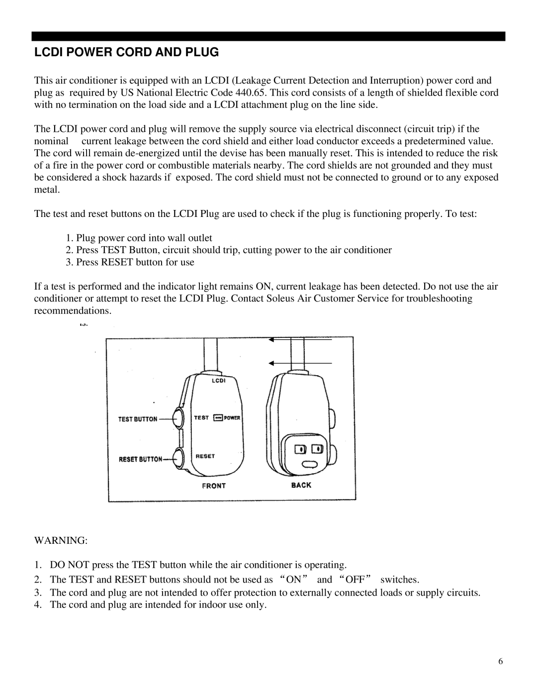 Soleus Air PE4-11R-03 manual Lcdi Power Cord and Plug 