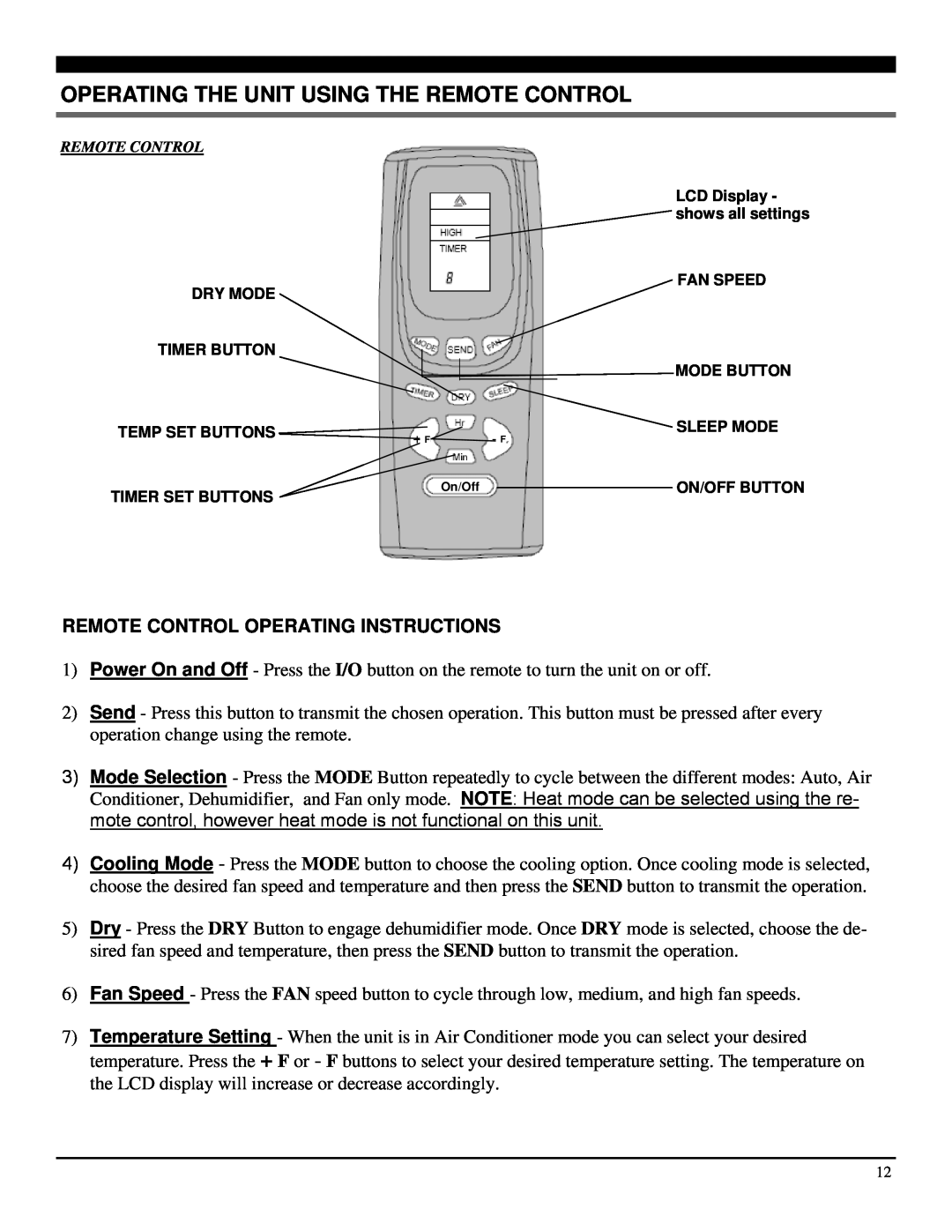 Soleus Air PE4-11R-03 manual Operating The Unit Using The Remote Control, Remote Control Operating Instructions 