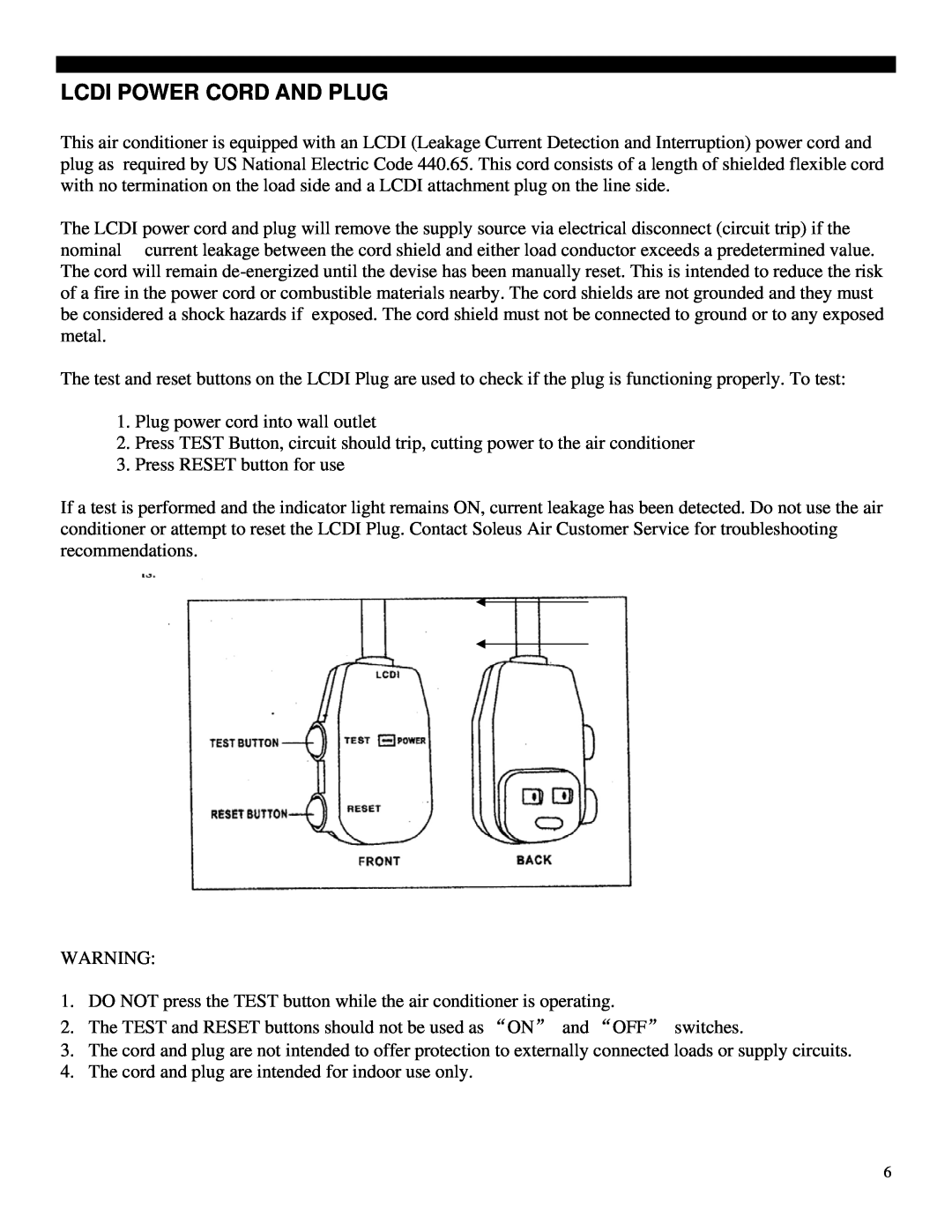 Soleus Air PE4-11R-03 manual Lcdi Power Cord And Plug 