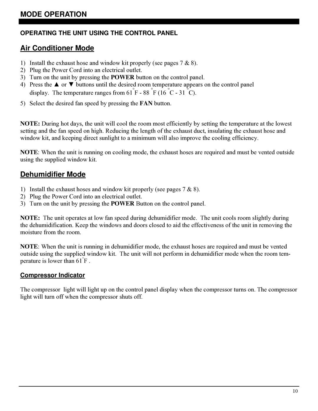 Soleus Air PE6-10R-03 manual Mode Operation, Air Conditioner Mode 